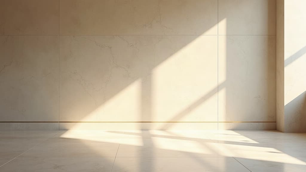 Morning light across a limestone wall in an empty new office lobby in Dubai