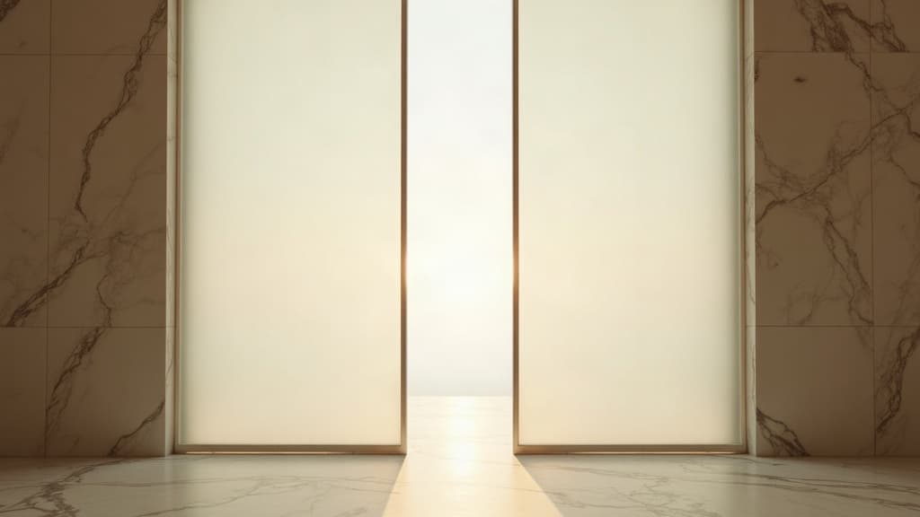 Two glass panels with a narrow band of light between them in an empty Dubai lobby