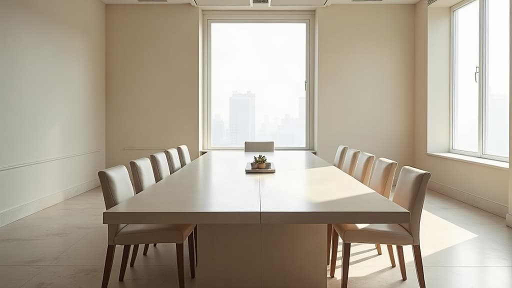 Empty meeting room in an Abu Dhabi office with a bare stone table and hazy city light