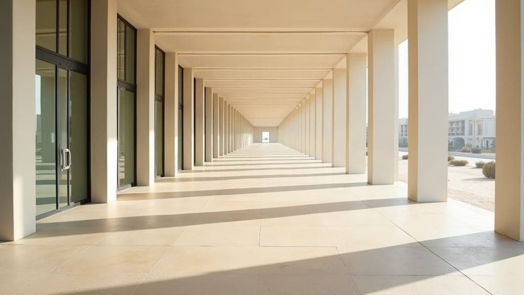 Empty straight walkway in a Dubai building with morning light falling in even stripes