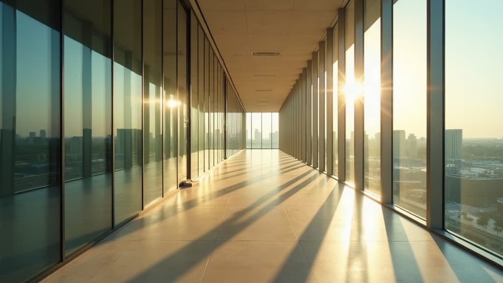 Empty glass corridor in a UAE office building with long shadows at sunrise
