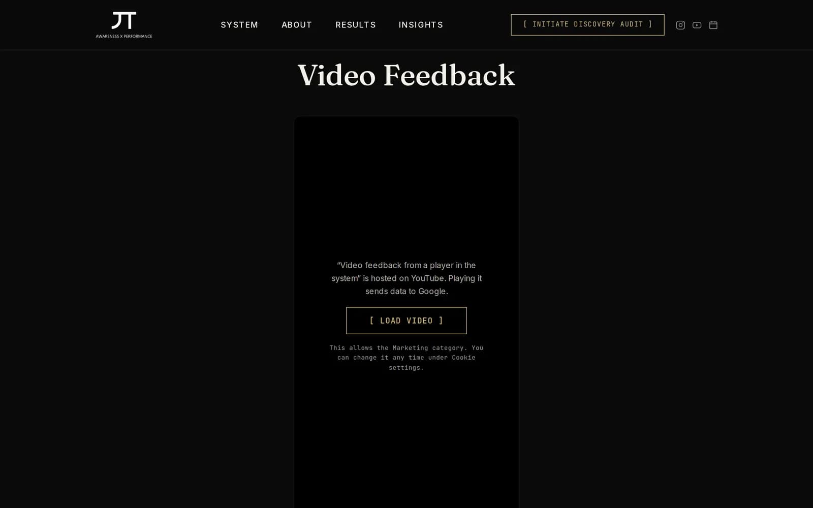 The testimonials page on awarenessperformance.com: the video area shows a Load video button and a note that playing it sends data to Google.