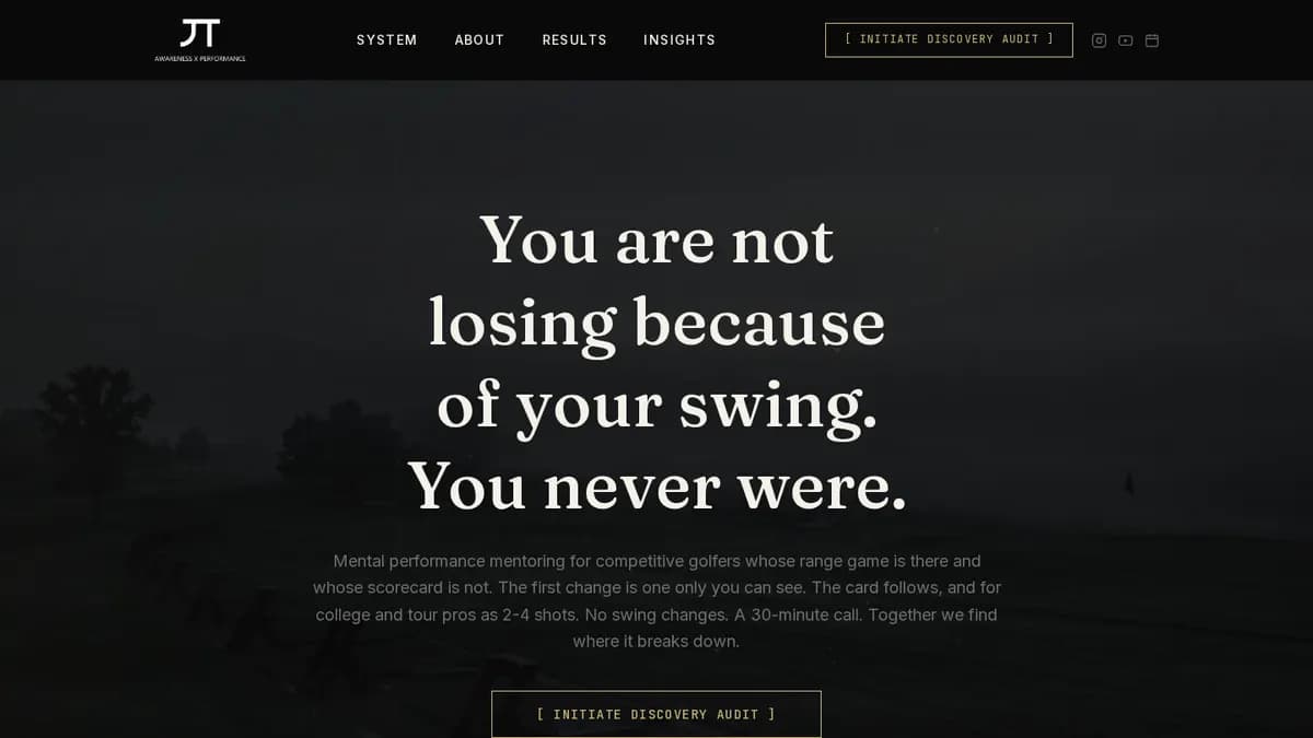 The awarenessperformance.com home page: a dark golf-course hero reading "You are not losing because of your swing. You never were."