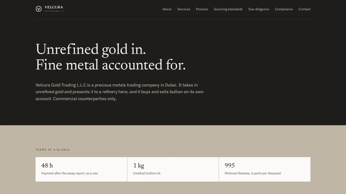The velcuragold.com home page: a dark hero reading "Unrefined gold in. Fine metal accounted for."