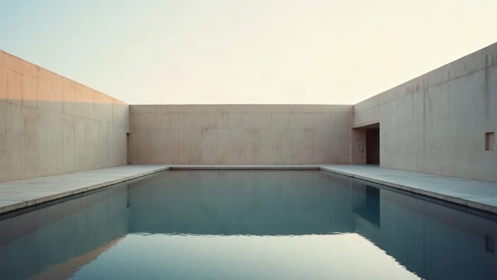 Still reflecting pool in a limestone courtyard at dawn