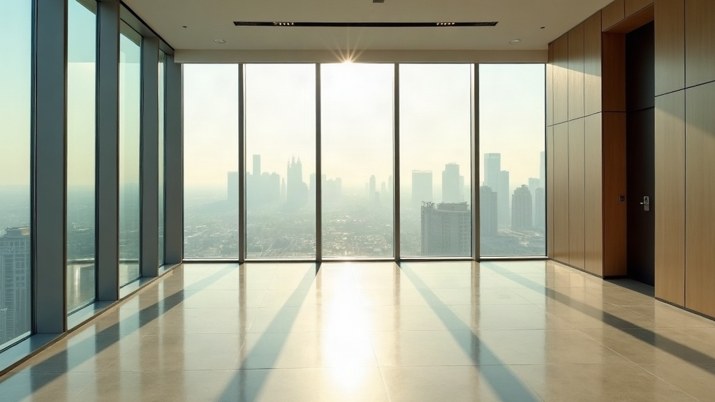 Empty new office floor in a Dubai tower at sunrise, long shadows on a stone floor