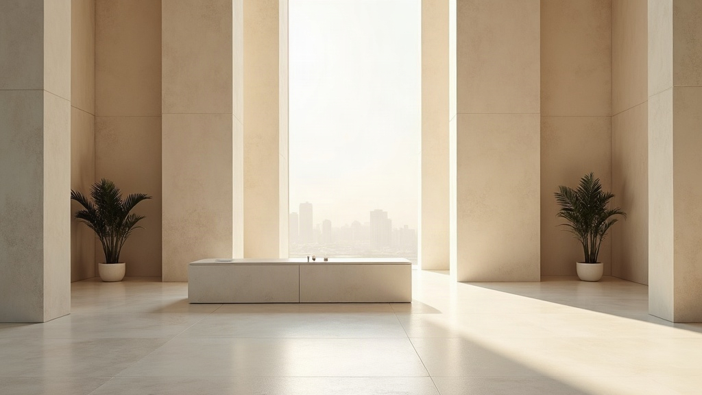 Empty, spotless reception area in a Dubai office with morning light on a stone counter